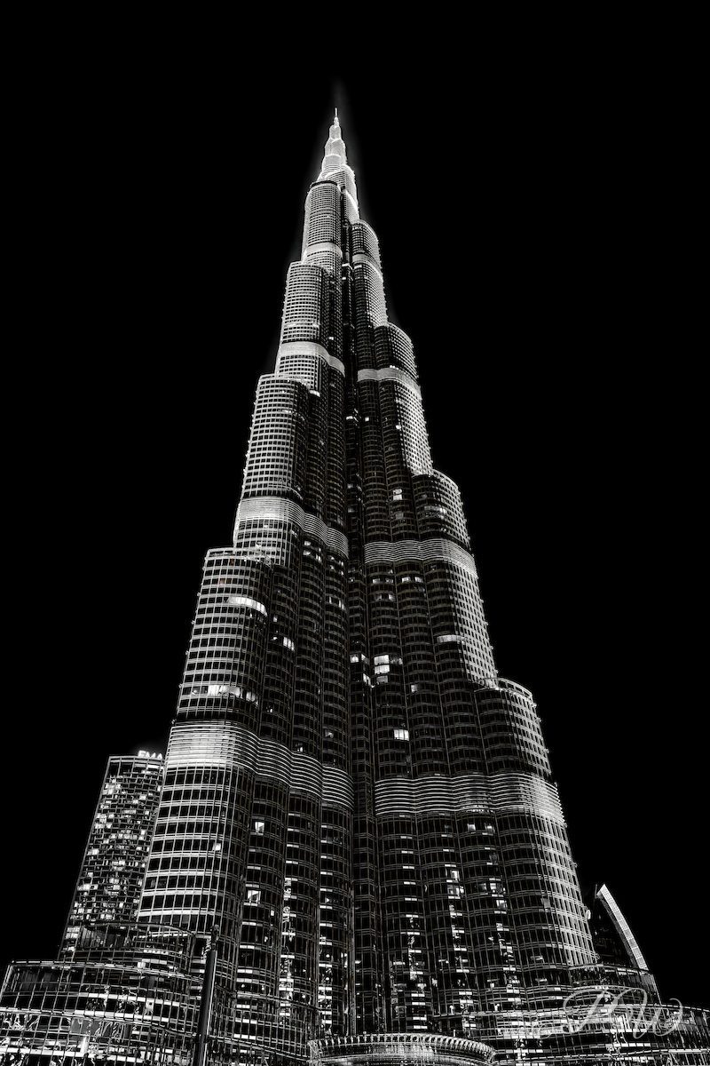 Burj Khalifa at night, Dubai (black and white)