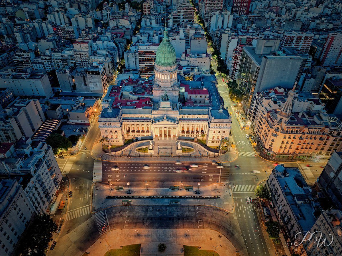 Palace of the Argentine National Congress from the air at dusk, Buenos Aires